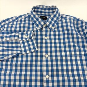 Blue White Gingham Check Button Up Shirt‎ Men's Casual Long Sleeve Pocket